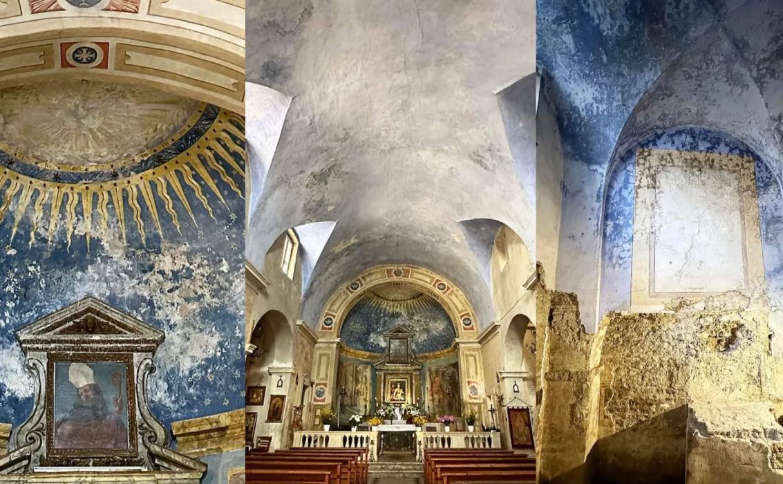 Interni di una chiesa a Sant'Oreste, mostrando affreschi antichi, l'altare e le volte decorate, con segni del tempo e del restauro.