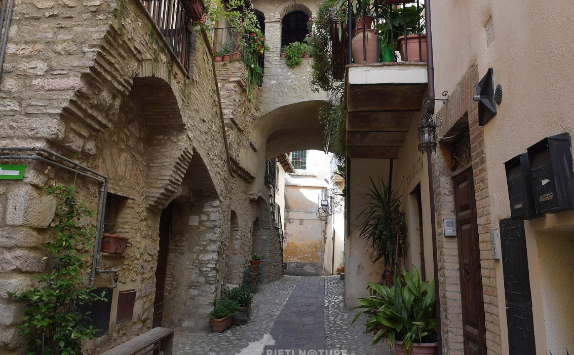 Un vicolo stretto e suggestivo nel centro storico di Torri in Sabina, con edifici in pietra.